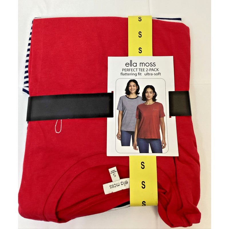 Ella Moss Perfect Tee 2-Pack, Flattering Fit Ultra Soft, Stripes and Red, Small