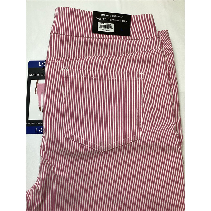 Mario Serrani Comfort Stretch Cuff Capri Pants, Pink & White Stripes, Size Large