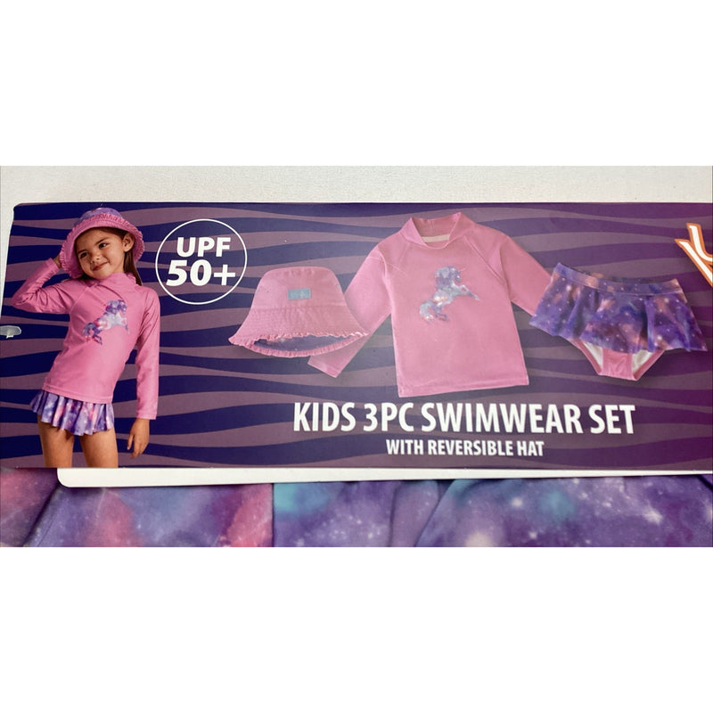 UV SKINZ Toddler Girls 3-Piece Swim Set UPF 50+ w/Hat, Pink Unicorn, Size: 2T