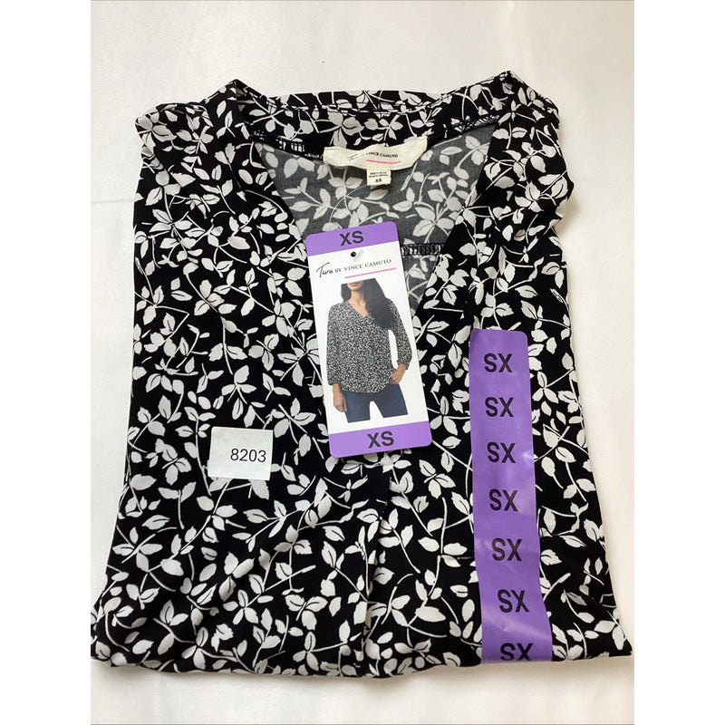 Two by Vince Camuto Women's V-Neck Long Sleeve Top - Black & White Floral, XS