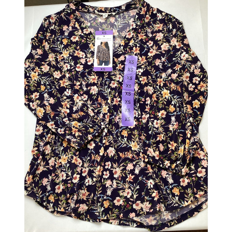 Two by Vince Camuto Women's V-Neck Blouse, 3/4 Sleeve, Navy Floral, Size: XS