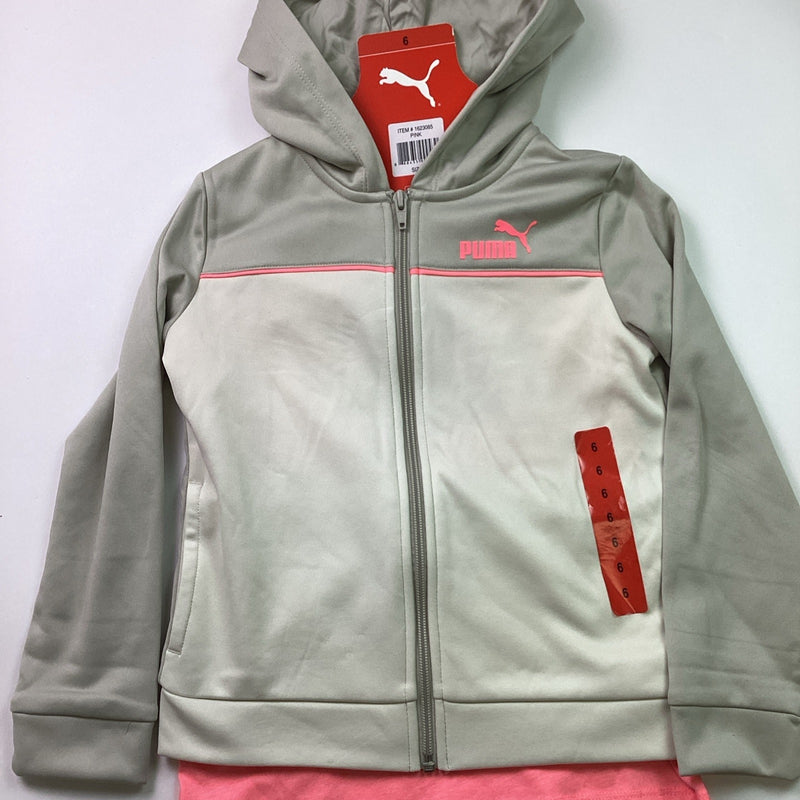 Puma Youth Girls Full Zip Hoodie & T-Shirt 2-Piece Set, Pink/Gray, Size 6