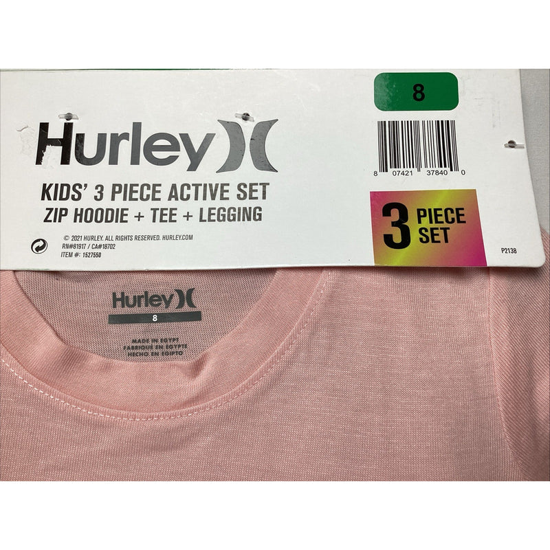 Hurley Kids Girl's 3-Piece Active Set, Soft Zip Hoodie, Tee & Legging, Size: 8