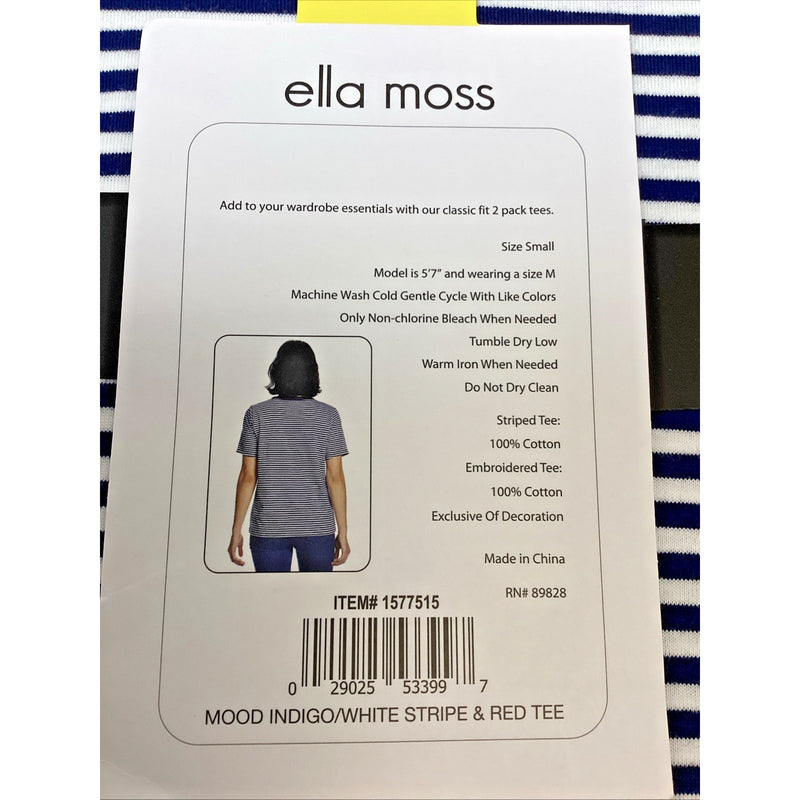 Ella Moss Perfect Tee 2-Pack, Flattering Fit Ultra Soft, Stripes and Red, Small