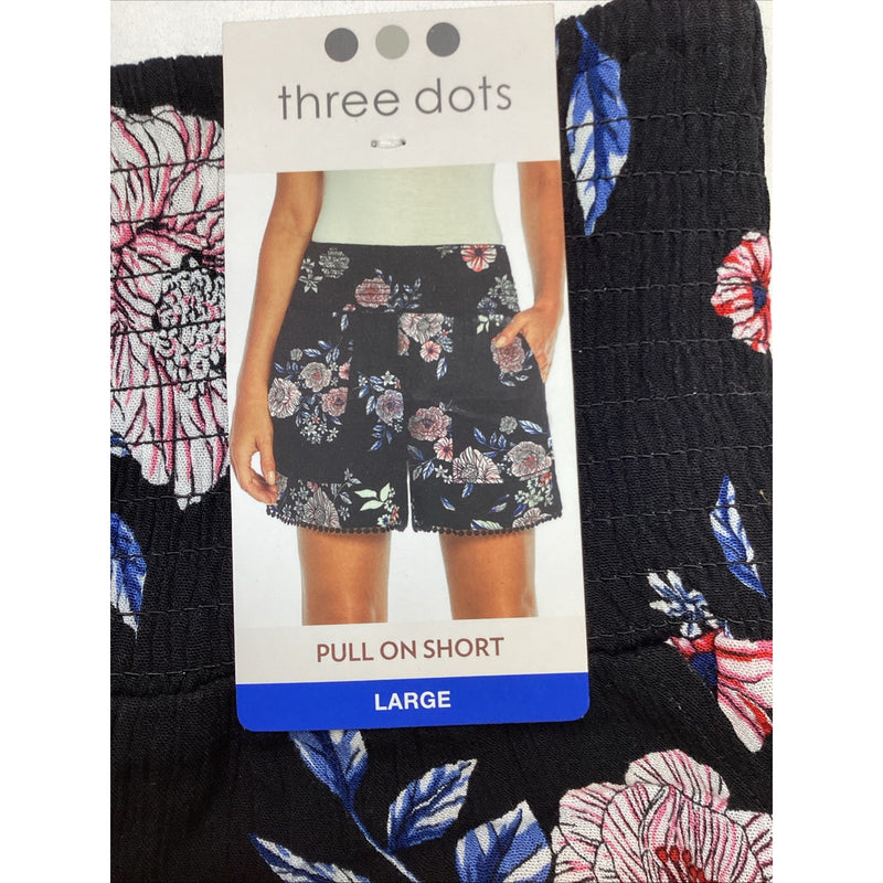 Three Dots Ladies' Pull On Printed Short, Black Hibiscus Floral, Size: Large