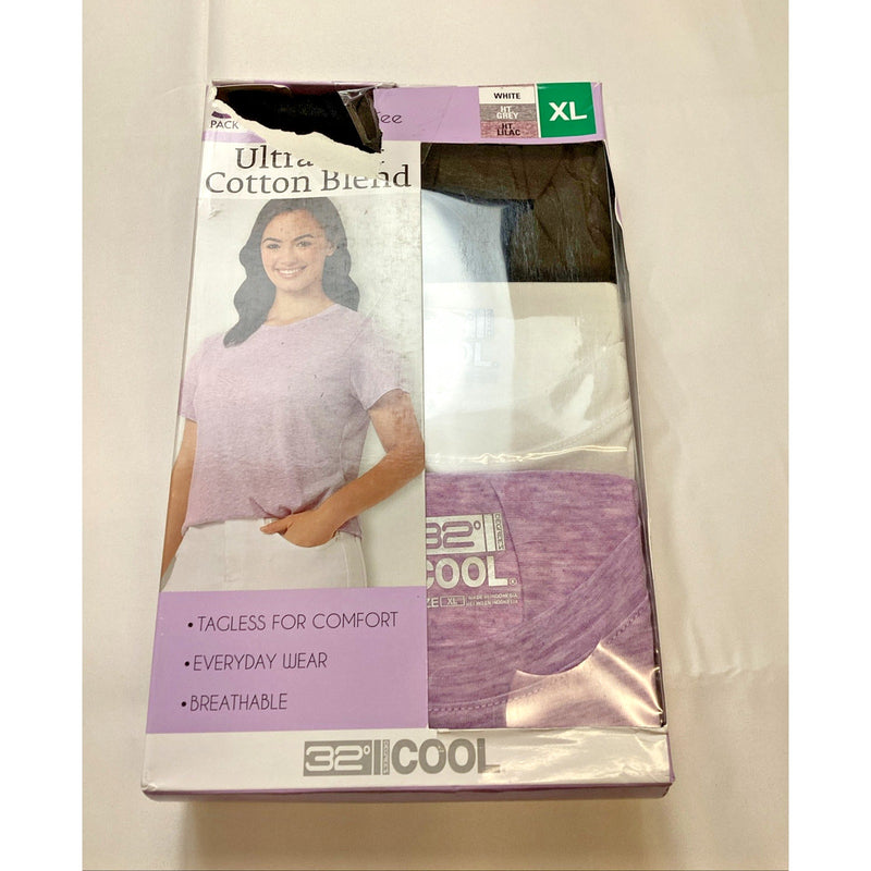 Women's 32 Degrees Cool 3 Pack Relaxed Fit Short Sleeve Shirt Gry, Wht, Lilac XL