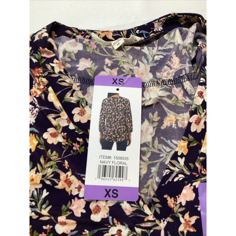 Two by Vince Camuto Women's V-Neck Blouse, 3/4 Sleeve, Navy Floral, Size: XS
