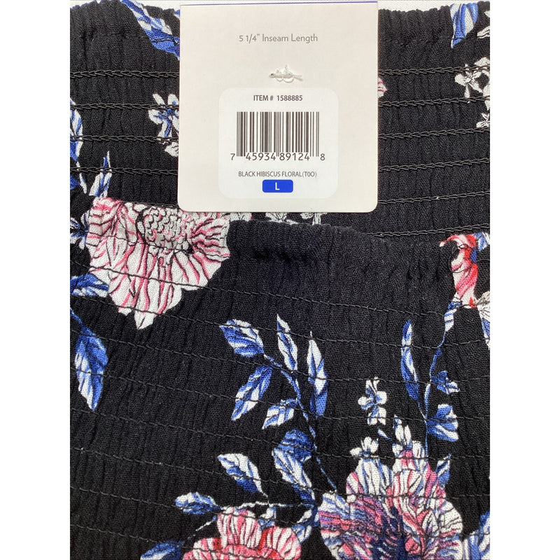 Three Dots Ladies' Pull On Printed Short, Black Hibiscus Floral, Size: Large