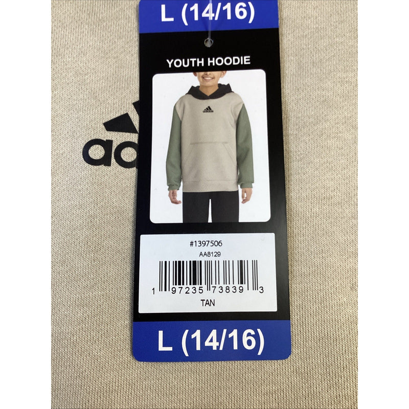 Adidas Boys Youth Pull-Over Hoodie w/Kangaroo Pocket, Tan/Green, Size: L 14/16