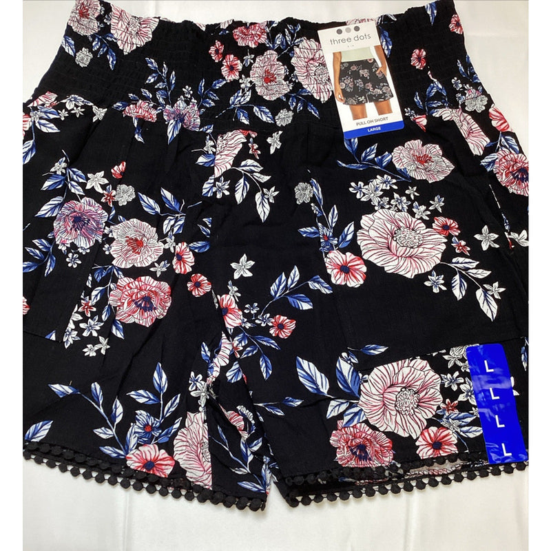 Three Dots Ladies' Pull On Printed Short, Black Hibiscus Floral, Size: Large