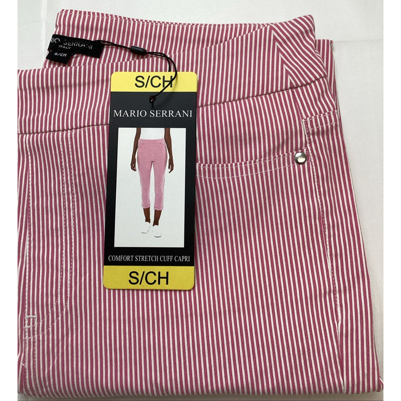 Mario Serrani Comfort Stretch Cuff Capri Pants, Pink & White Stripes, Size Small