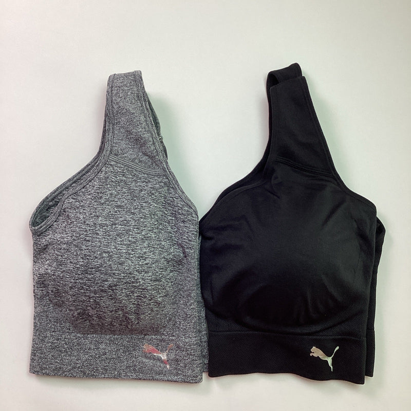 Puma 2-Pack Seamless Sports Bra Convertible Back, Black/Gray, Size L -Open Box