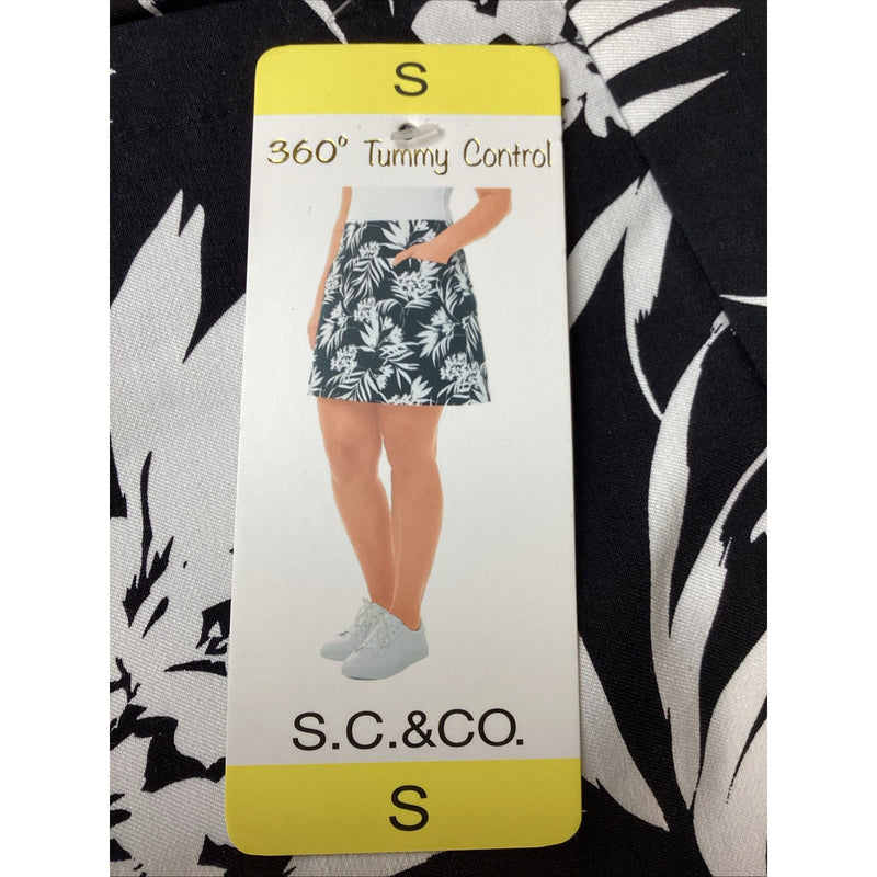 S.C.& CO Women's 360° Tummy Control Pull-On Skort, Pockets, Black Print, Size: S