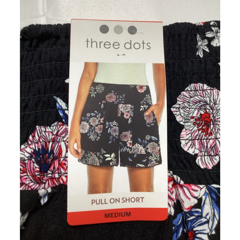 Three Dots Ladies' Pull On Printed Short, Black Hibiscus Floral, Size: Medium