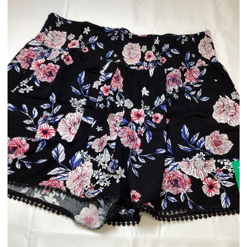 Three Dots Ladies' Pull On Printed Short, Black Hibiscus Floral, Size: XL