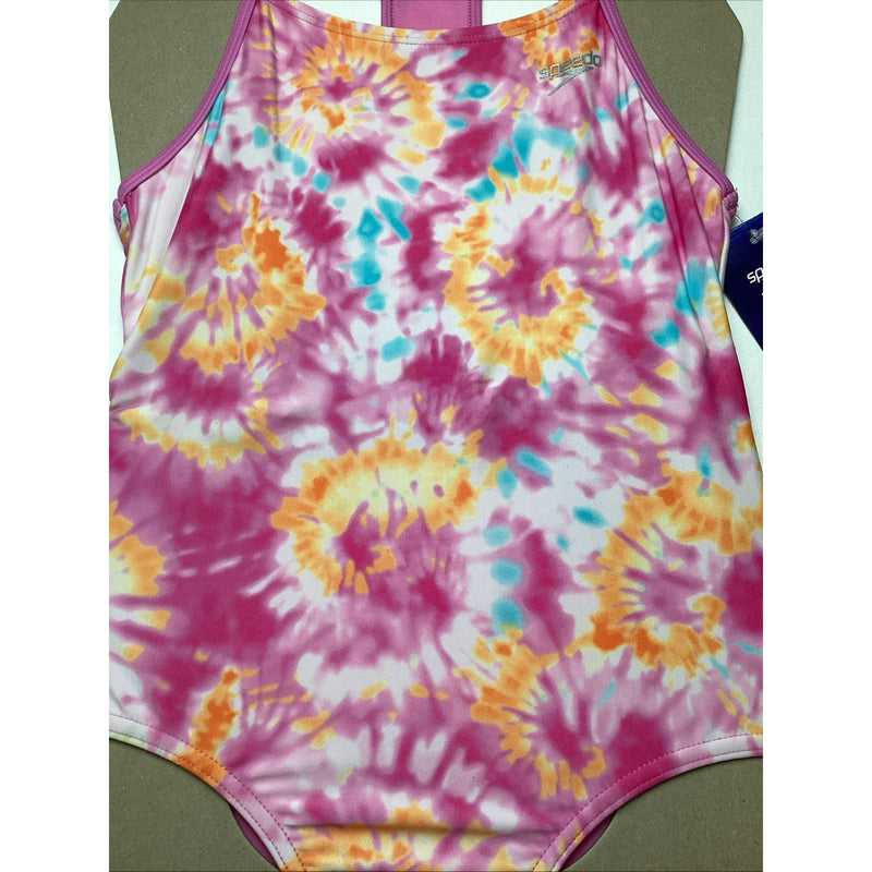 Speedo Girls Youth Sport One Piece Swimsuit UPF 50+, Tie Dye Pink, Size M-10