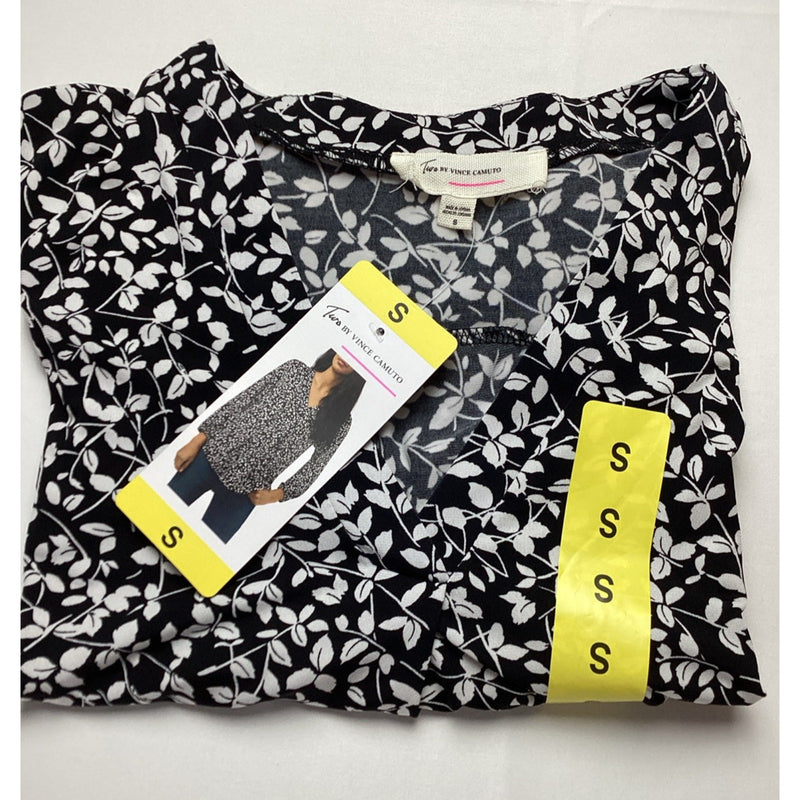 Two by Vince Camuto Women's V-Neck Blouse, Black & White Floral, Size: Small