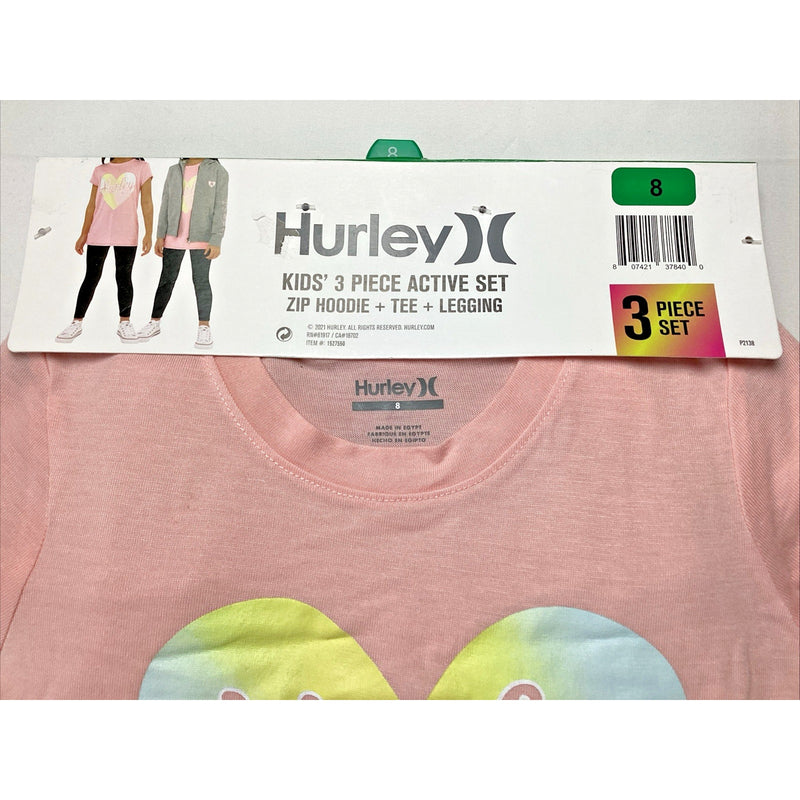 Hurley Kids Girl's 3-Piece Active Set, Soft Zip Hoodie, Tee & Legging, Size: 8