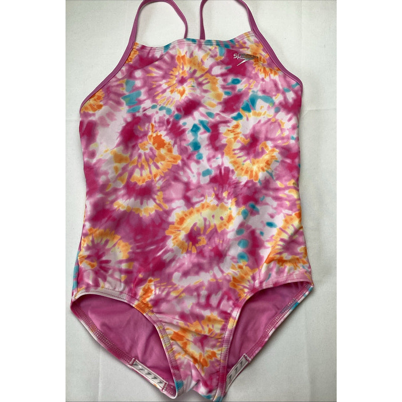 Speedo Girls Youth Sport One Piece Swimsuit UPF 50+, Tie Dye Pink, Size M-10