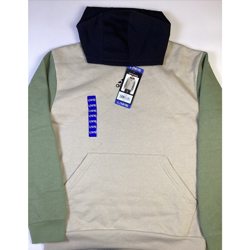 Adidas Boys Youth Pull-Over Hoodie w/Kangaroo Pocket, Tan/Green, Size: L 14/16