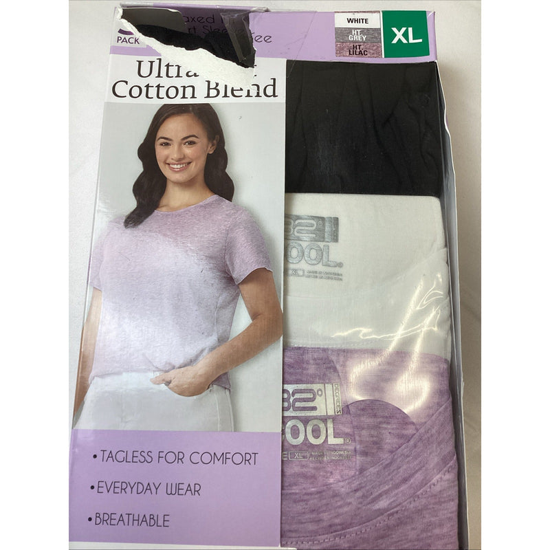 Women's 32 Degrees Cool 3 Pack Relaxed Fit Short Sleeve Shirt Gry, Wht, Lilac XL