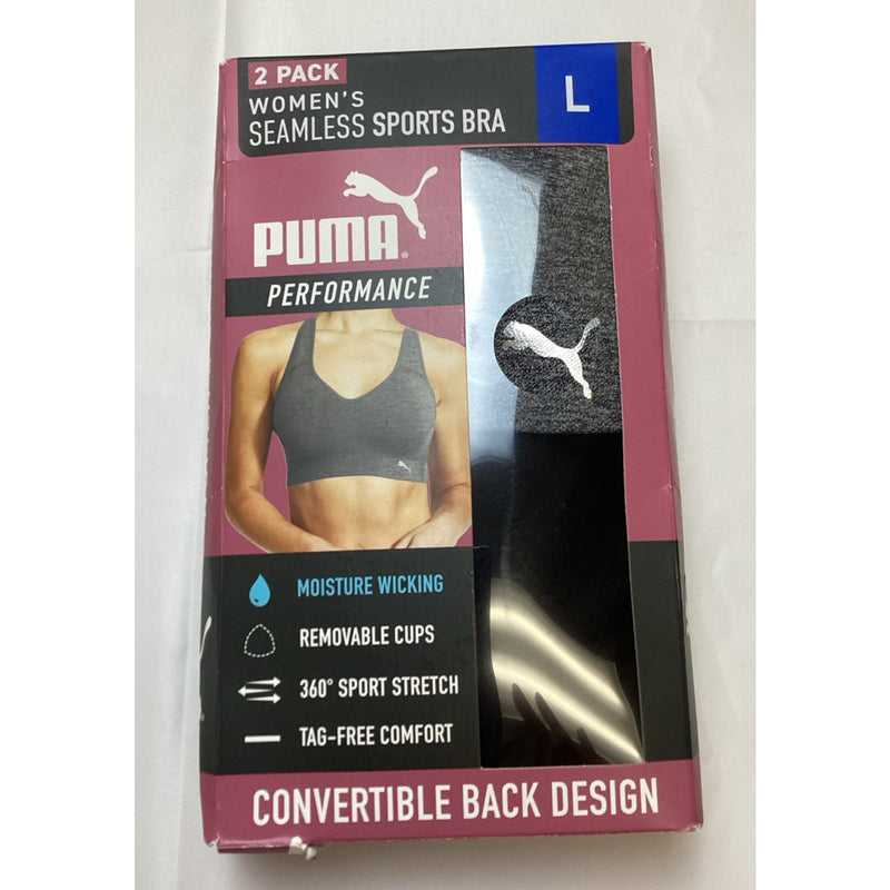 Puma Performance Women's Seamless Sports Bra 2-Pack, Blk/Gray, Size L -OpenBox