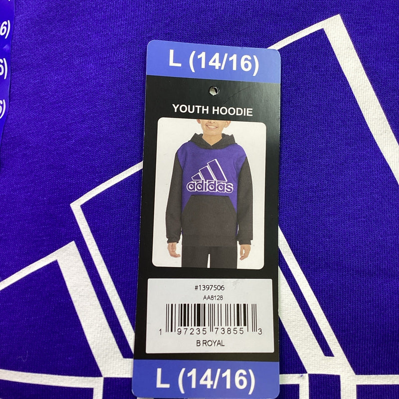 Adidas Boys Youth Pull-Over Hoodie w/Kangaroo Pocket, Royal Blue, L 14/16