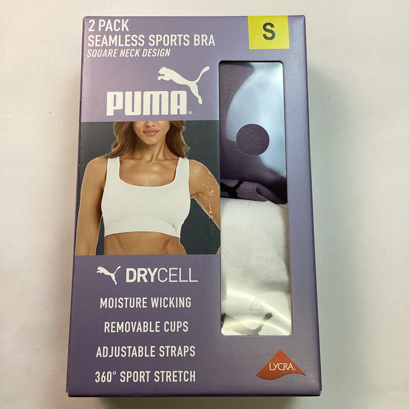 Puma 2-Pack Performance Square Neck Seamless Sports Bra, White & Purple, Small
