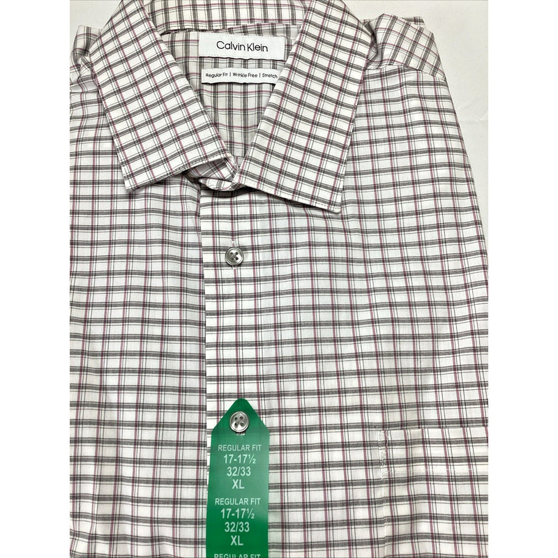 Calvin Klein Men’s Wrinkle Free Stretch Dress Shirt, Red/Gray, XL 17-17.5 32/33