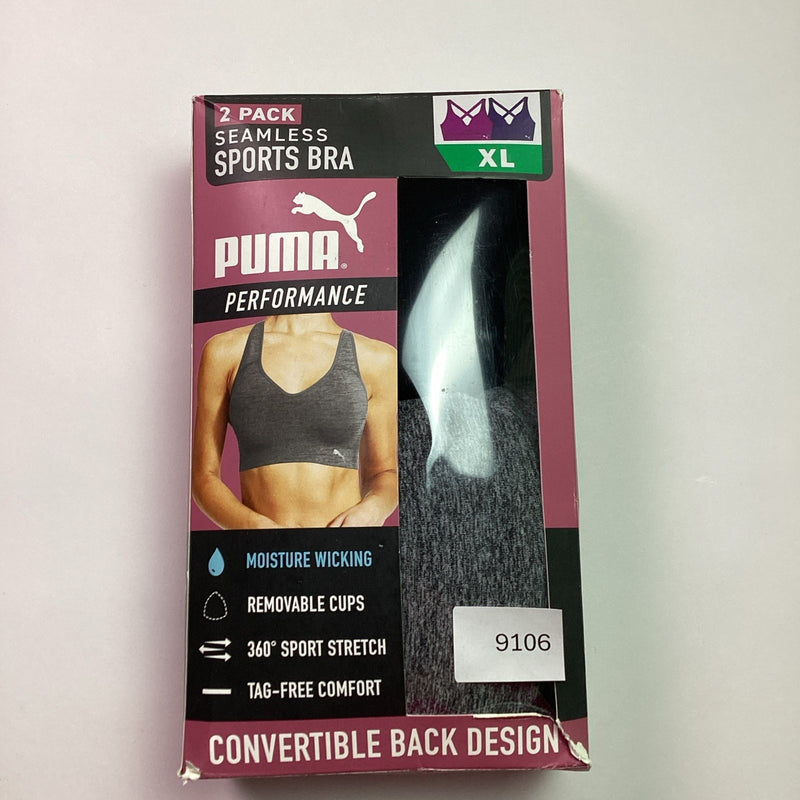Puma Performance 2-Pack Seamless Sports Bra, Black & Gray, Size L - Open Box