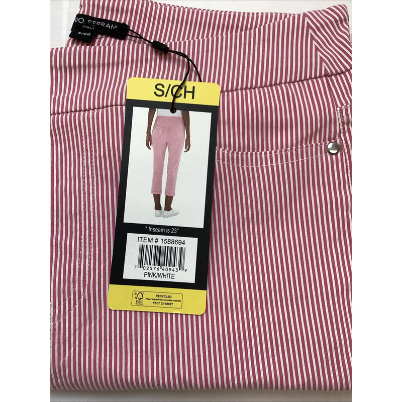 Mario Serrani Comfort Stretch Cuff Capri Pants, Pink & White Stripes, Size Small