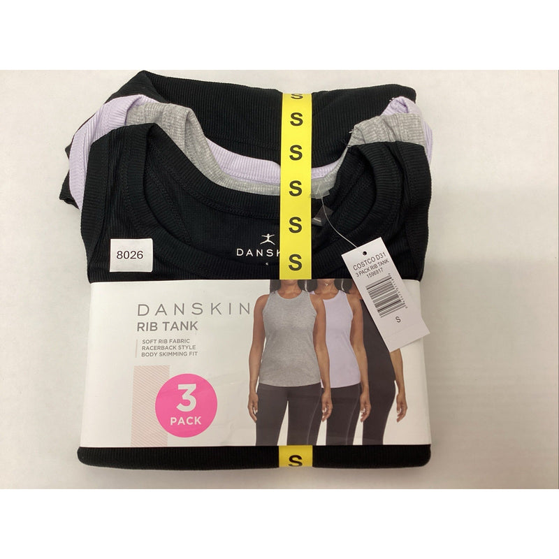 Danskin Women's 3-Pack Soft Rib Tank Tops - Colors: Violet, Gray & Black (Small)