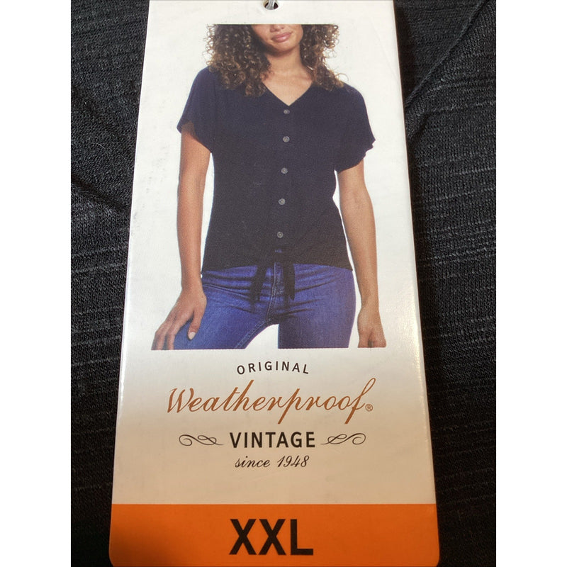 Weatherproof Vintage V-Neck Waist Tie w/Buttons Top Blouse, Black, Size: XXL