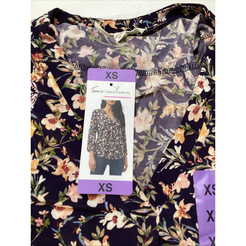 Two by Vince Camuto Women's V-Neck Blouse, 3/4 Sleeve, Navy Floral, Size: XS