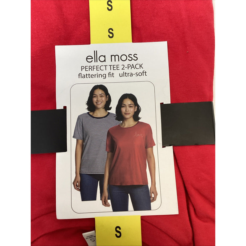 Ella Moss Perfect Tee 2-Pack, Flattering Fit Ultra Soft, Stripes and Red, Small