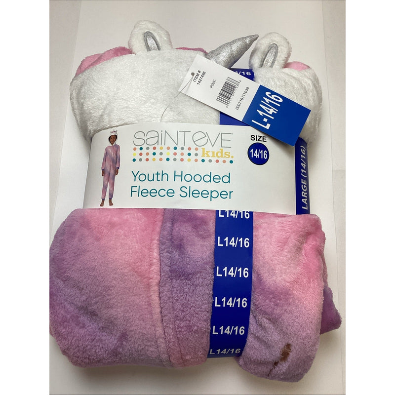 Saint Eve Kids Youth Hooded Fleece Sleeper Pink Unicorn, Lg 14/16 - New w/Defect