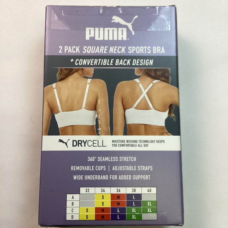 Puma 2-Pack Performance Square Neck Seamless Sports Bra, White & Purple, Small