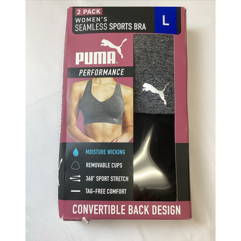 Puma Performance Women's Seamless Sports Bra 2-Pack, Blk/Gray, Size L -OpenBox