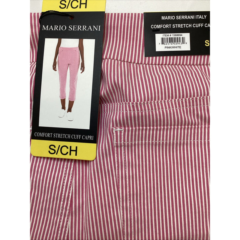 Mario Serrani Comfort Stretch Cuff Capri Pants, Pink & White Stripes, Size Small