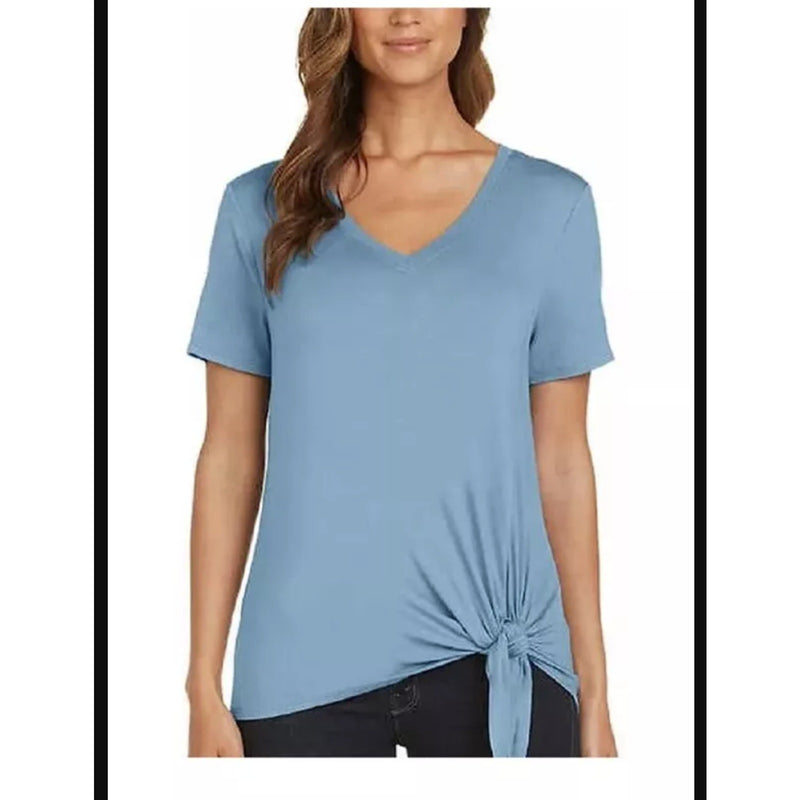 Matty M Women's V Neck Short Sleeve Side Tie Blouse - Size Medium