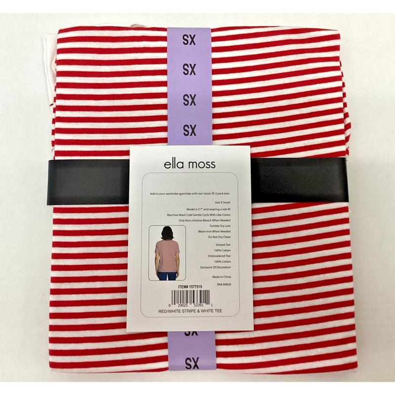 Ella Moss Perfect Tee 2-Pack, Flattering Fit Ultra Soft, Stripes & White, XS