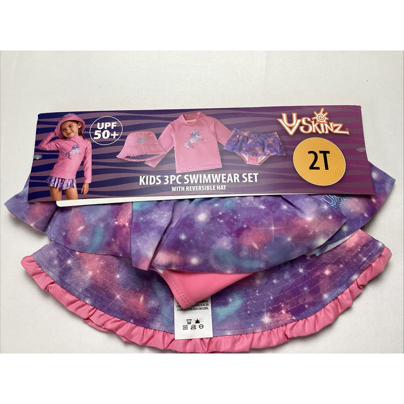 UV SKINZ Toddler Girls 3-Piece Swim Set UPF 50+ w/Hat, Pink Unicorn, Size: 2T