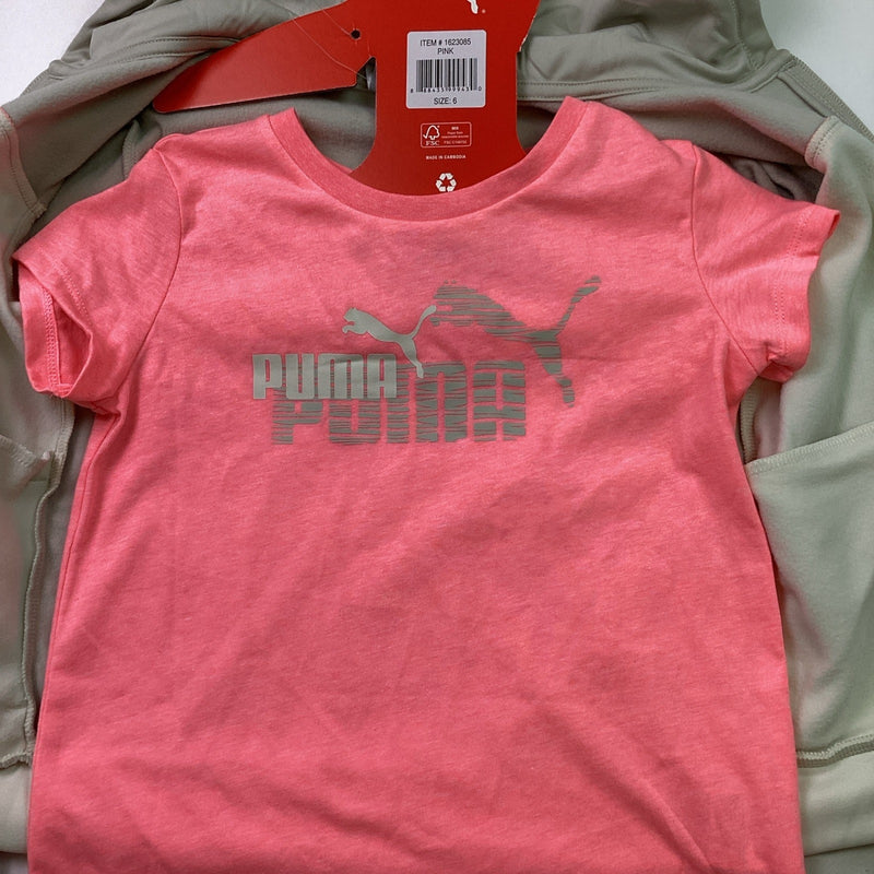Puma Youth Girls Full Zip Hoodie & T-Shirt 2-Piece Set, Pink/Gray, Size 6