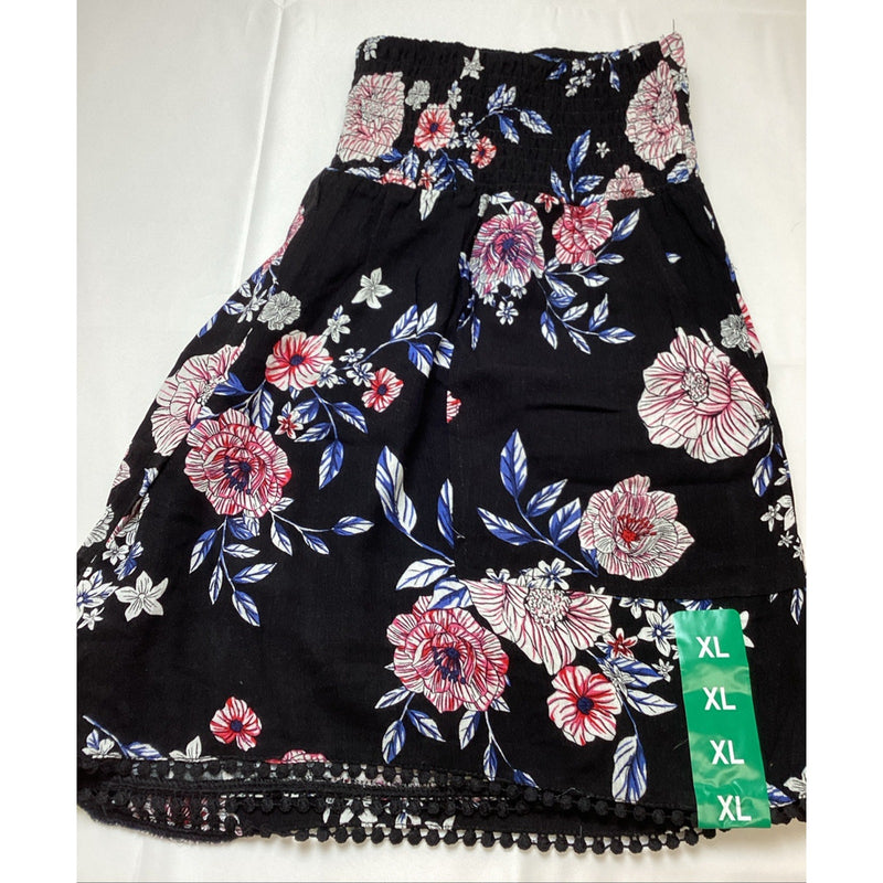 Three Dots Ladies' Pull On Printed Short, Black Hibiscus Floral, Size: XL