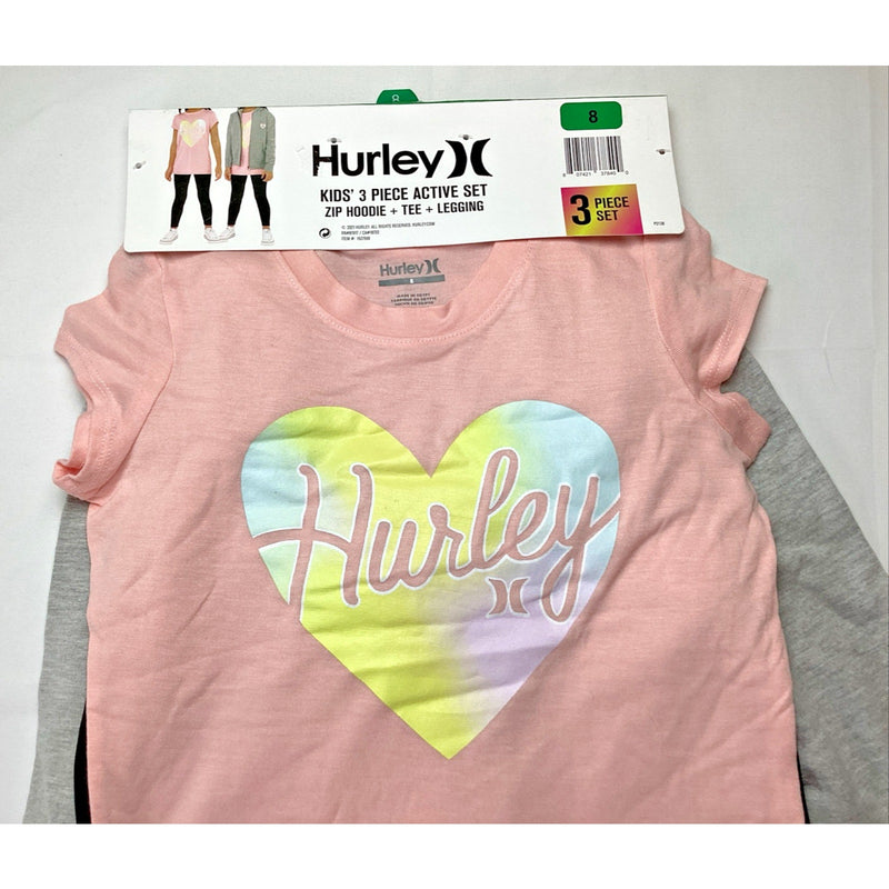 Hurley Kids Girl's 3-Piece Active Set, Soft Zip Hoodie, Tee & Legging, Size: 8