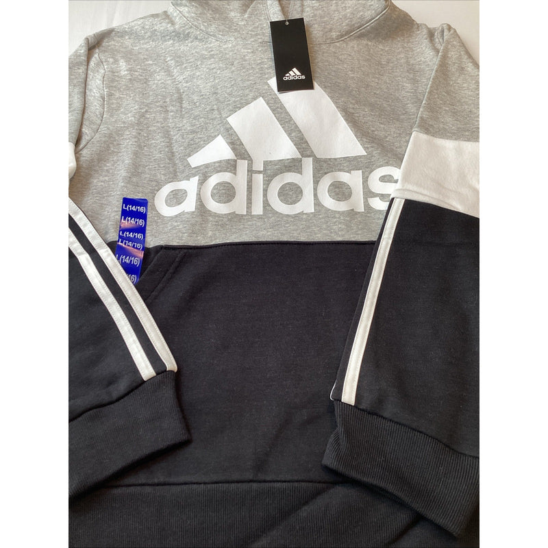 Adidas Boys Youth Pull-Over Hoodie, Black & Gray, Size: L 14/16