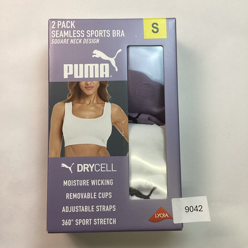 Puma 2-Pack Performance Square Neck Seamless Sports Bra, White & Purple, Small