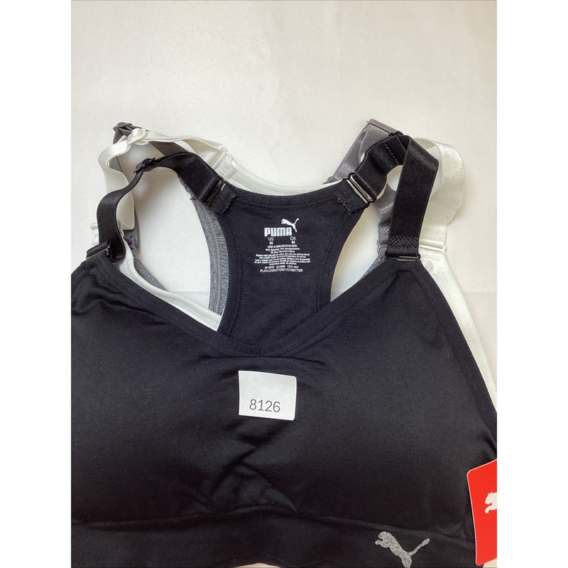 Puma Performance Seamless Sports Bra, 3 Pack, Wht/Grey/Black, Size: M - OpenBox