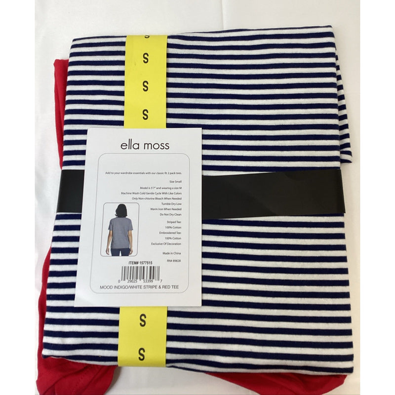 Ella Moss Perfect Tee 2-Pack, Flattering Fit Ultra Soft, Stripes and Red, Small