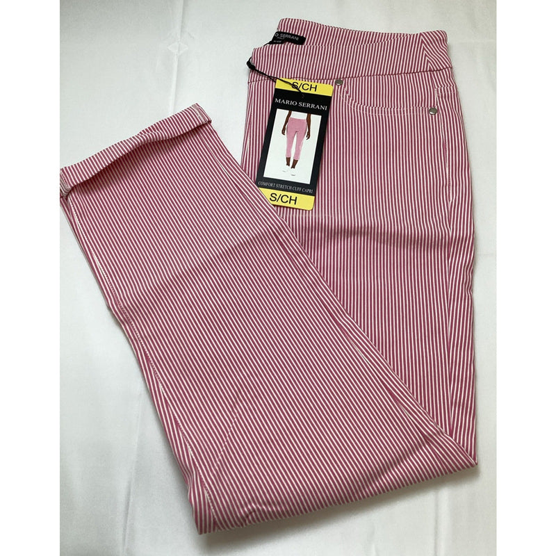 Mario Serrani Comfort Stretch Cuff Capri Pants, Pink & White Stripes, Size Small